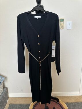Madewell Black Long-Sleeve Button Midi Dress Stretch Knit Belted. Sz - XL -NWT